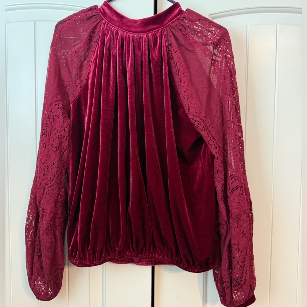 Free People Maroon Velvet Shirt with Lace Sleeves. Large.
